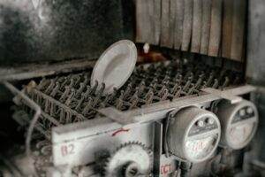 A plate is sitting in a machine.