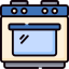 a blue and white oven icon on a black background.