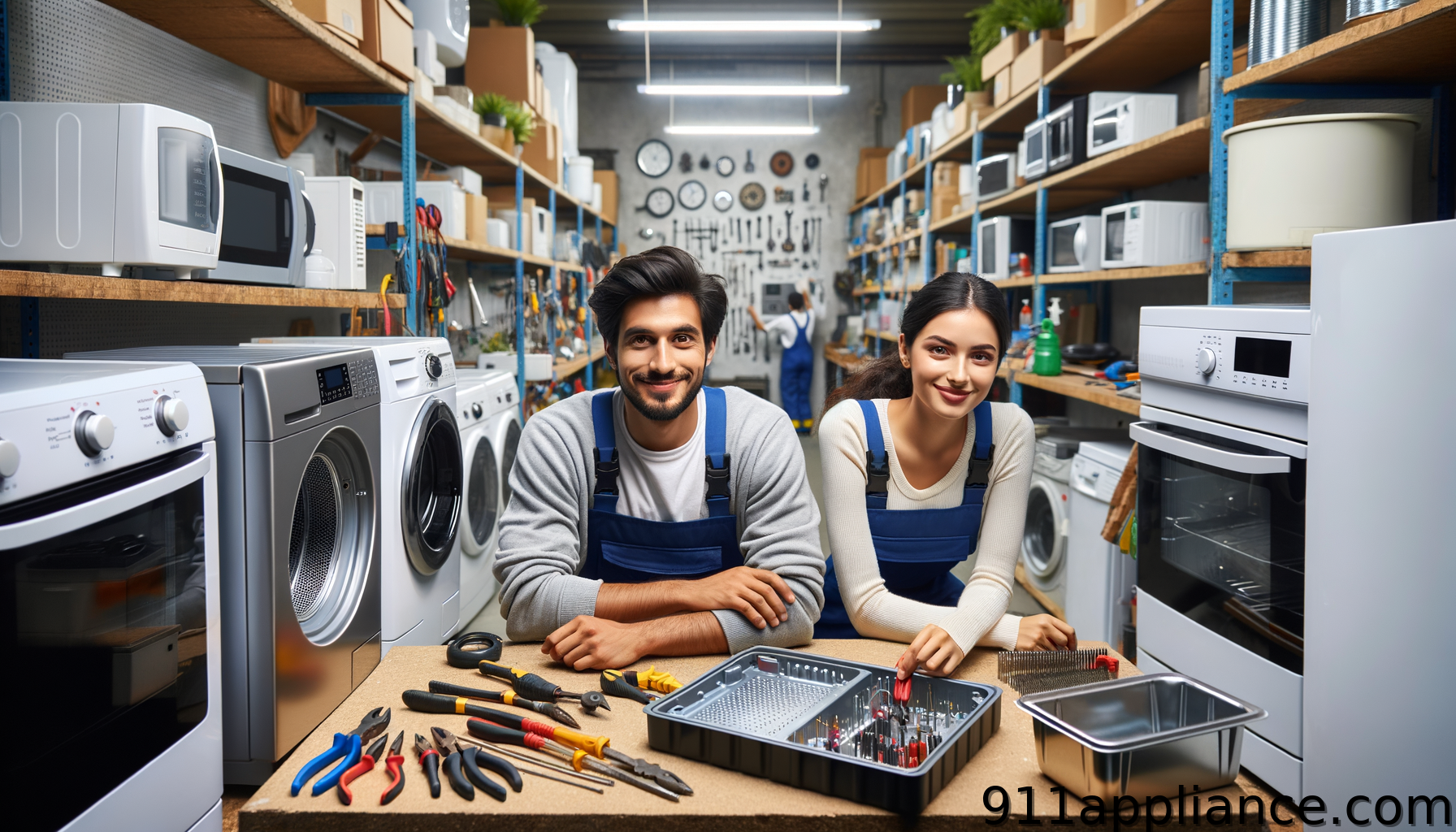 Appliance repair technicians in workshop
