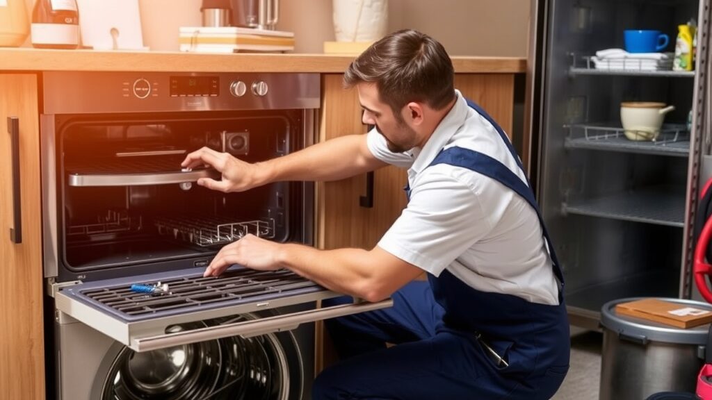 Appliance repair technician fixing oven