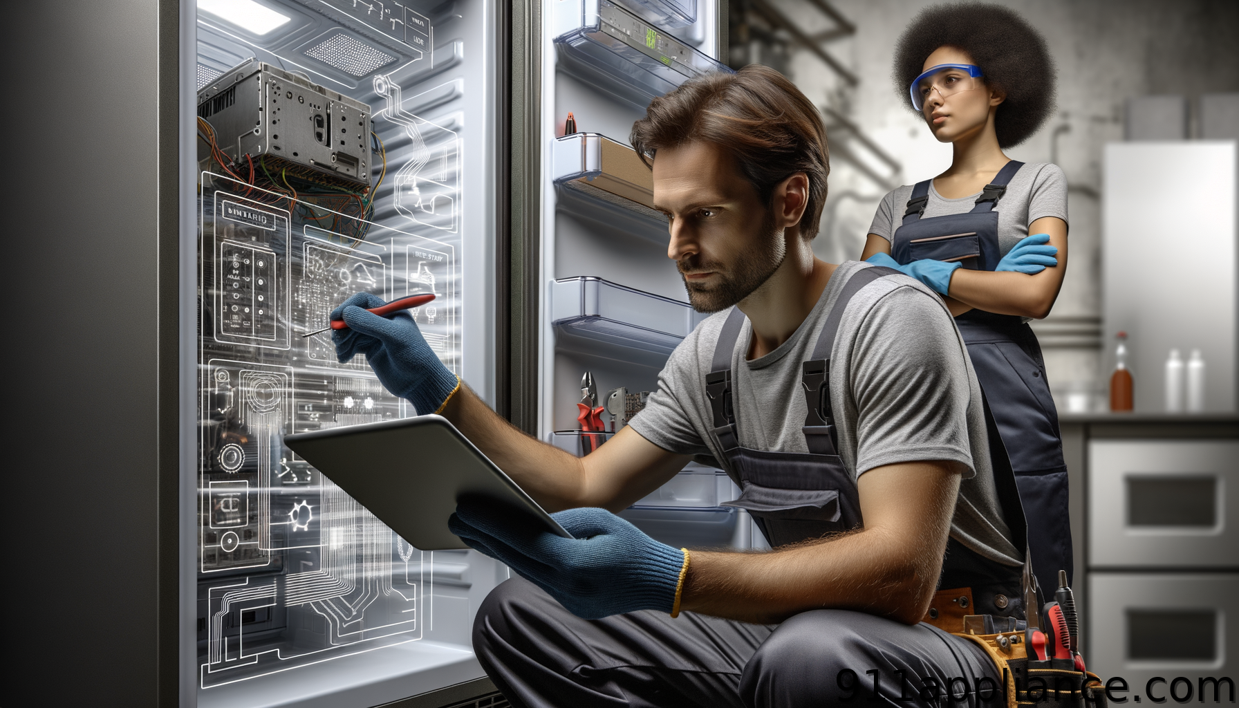 Technicians examining electrical panel