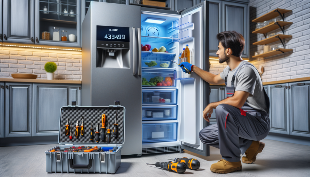 Refrigerator repair technician in kitchen