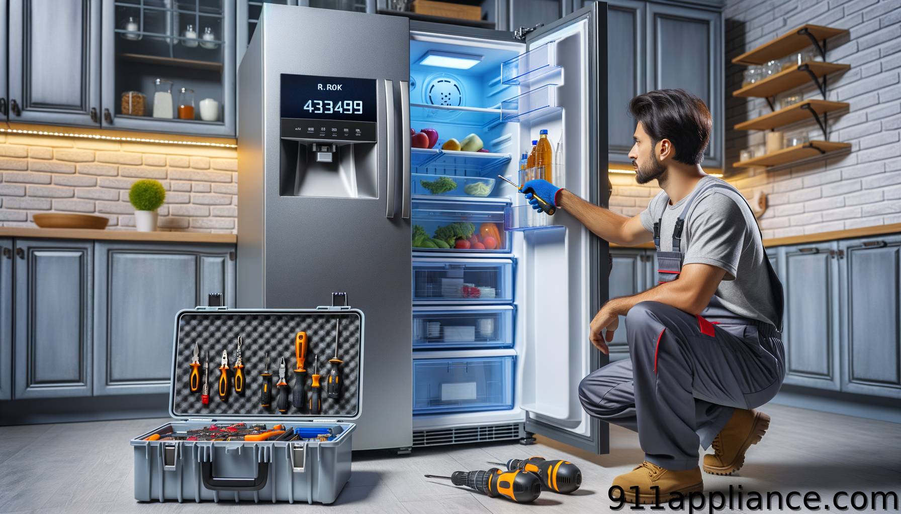 Refrigerator repair technician in kitchen
