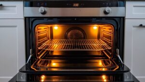 Empty oven interior with a wire rack, illuminated by two lights, showcasing a sleek black and stainless steel design.