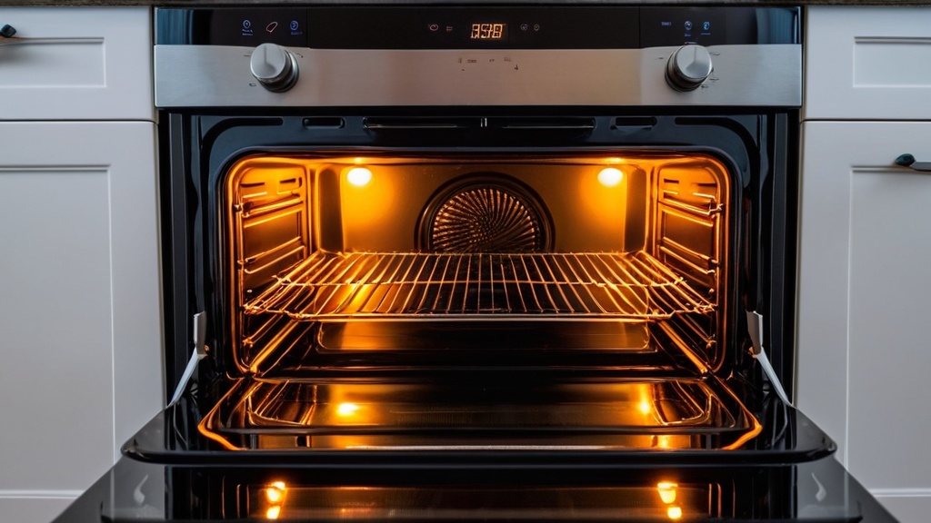 Empty oven interior with a wire rack, illuminated by two lights, showcasing a sleek black and stainless steel design.
