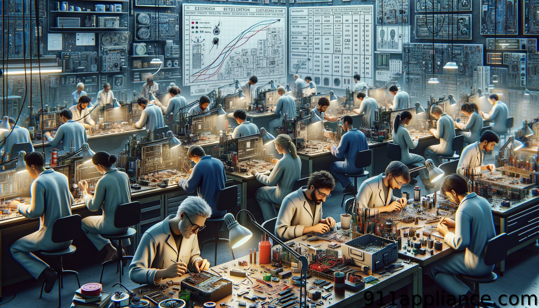 Quick Kitchen Appliance Repair Near Me A bustling electronics lab with multiple technicians working on circuit boards under bright lamps, surrounded by tools and devices.