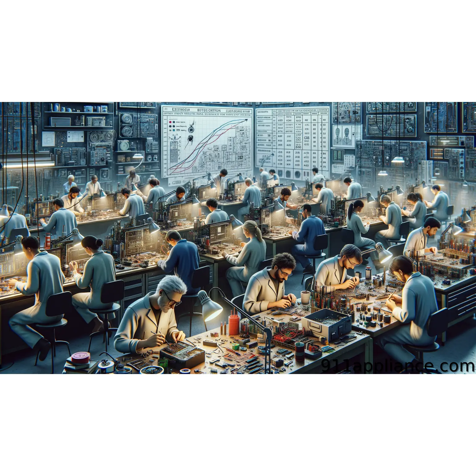 A bustling electronics lab with multiple technicians working on circuit boards under bright lamps, surrounded by tools and devices.