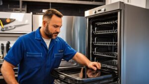 A man in a blue shirt inspects an open oven in a modern kitchen, with stainless steel appliances and tools visible.
