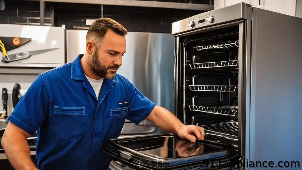 A man in a blue shirt inspects an open oven in a modern kitchen, with stainless steel appliances and tools visible.