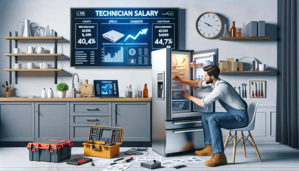 A man in overalls inspects a refrigerator, surrounded by tools, kitchenware, and a large screen displaying salary statistics.