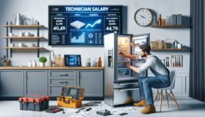 A man in overalls inspects a refrigerator, surrounded by tools, kitchenware, and a large screen displaying salary statistics.