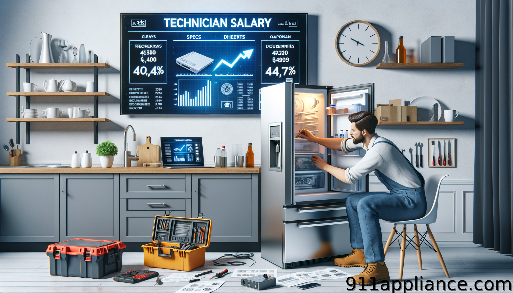 A man in overalls inspects a refrigerator, surrounded by tools, kitchenware, and a large screen displaying salary statistics.