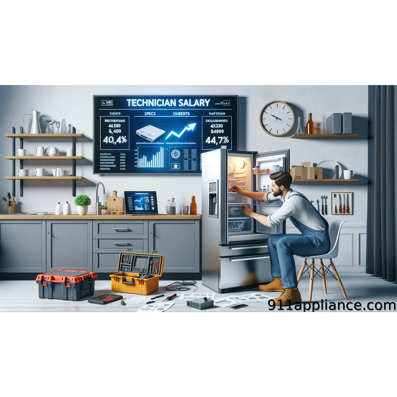 A man in overalls inspects a refrigerator, surrounded by tools, kitchenware, and a large screen displaying salary statistics.