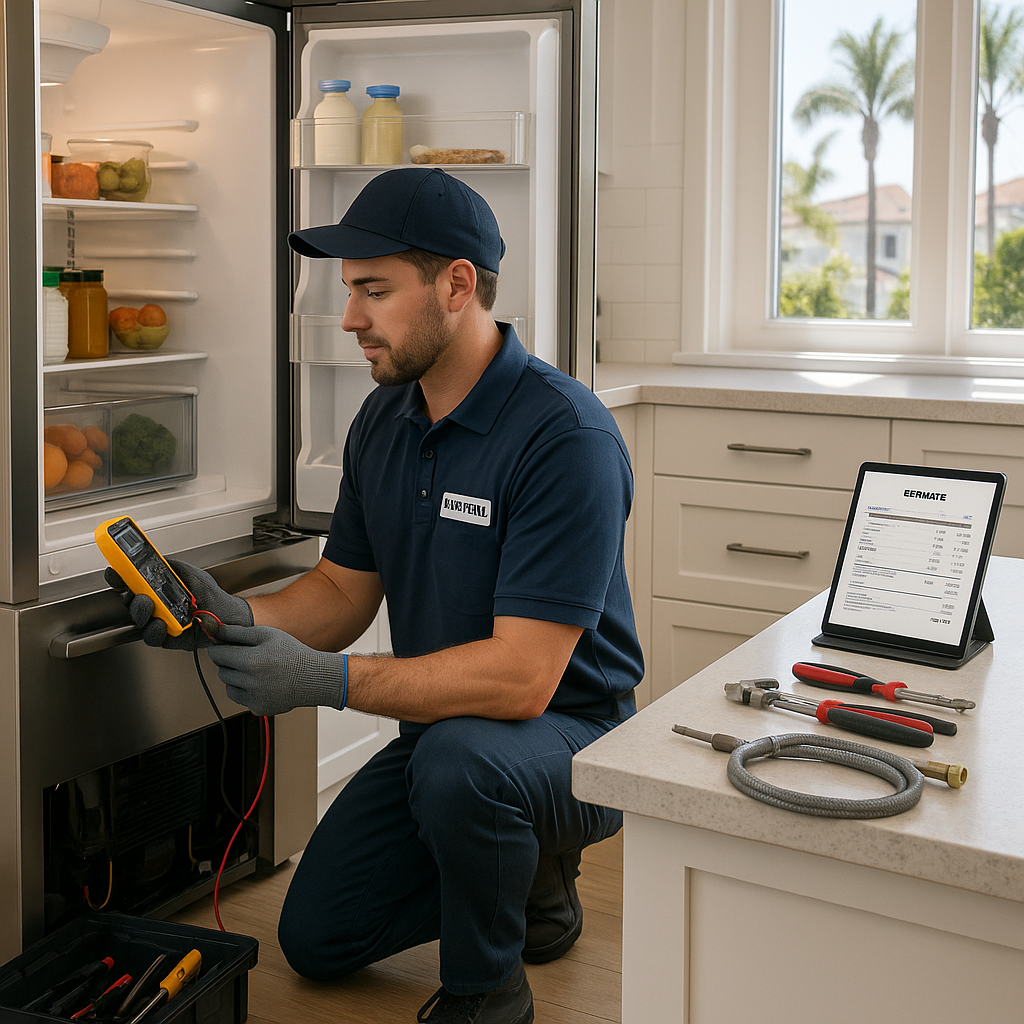 Technician repairs refrigerator with meter