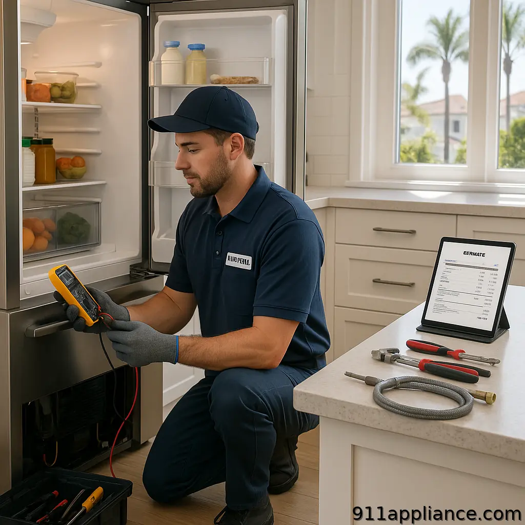 How to Repair Appliances: Quick Fix Essentials A technician in a navy shirt and gloves inspects a multimeter while crouched near an open refrigerator, tools beside him.