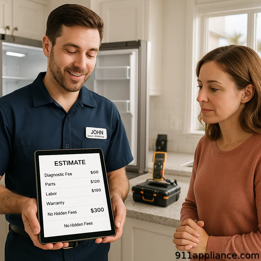A technician shows a customer an estimate on a tablet, detailing costs for refrigerator repair in a bright kitchen.