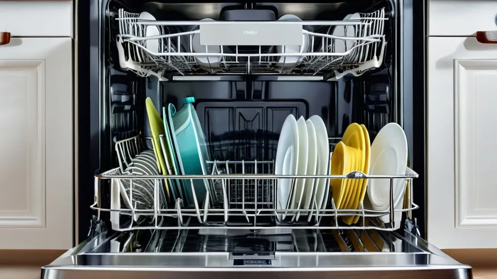 Troubleshooting: Why Your Dishwasher Isn't Cleaning Dishes An open dishwasher filled with clean, arranged plates, bowls, and utensils in various colors and sizes.