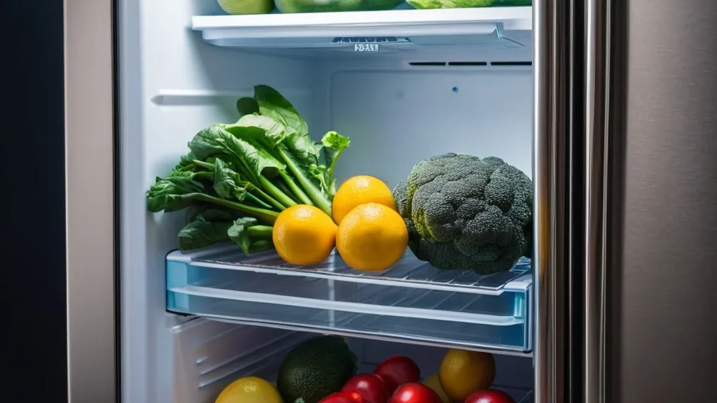 Broccoli, spinach, lemons, and red apples are neatly arranged in a refrigerator against a light background.