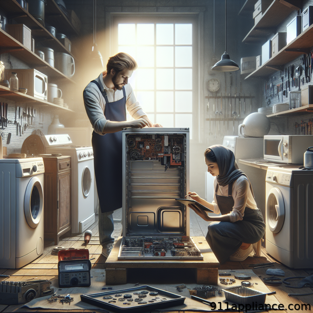 Two technicians repair a dismantled appliance in a workshop filled with tools, light streaming through a window.