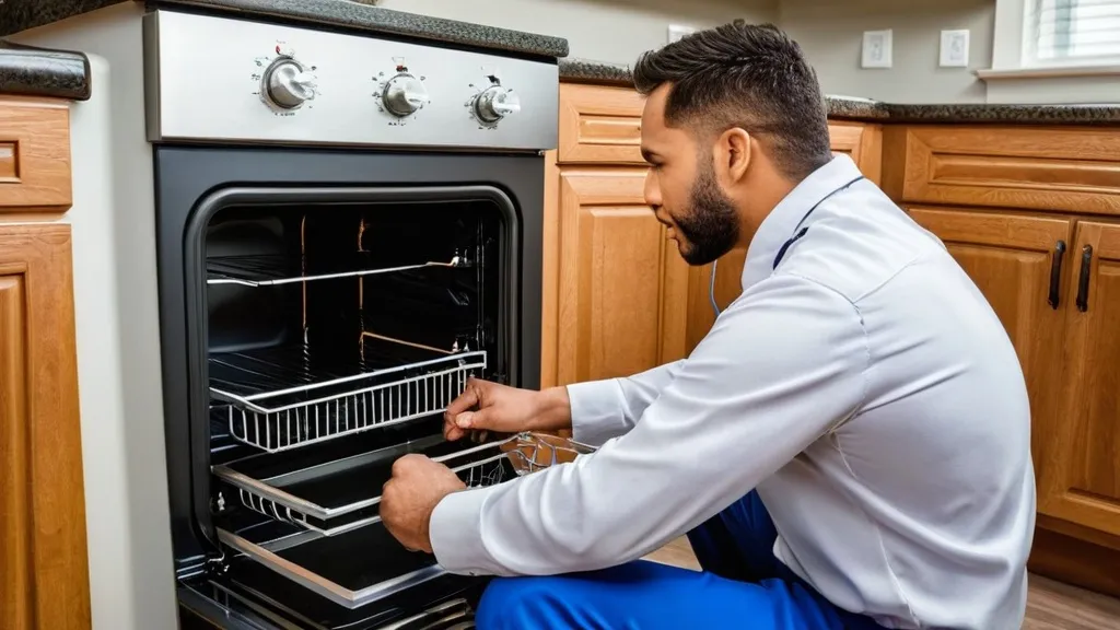 A man in a white shirt inspects and adjusts oven racks inside a built-in kitchen oven.
