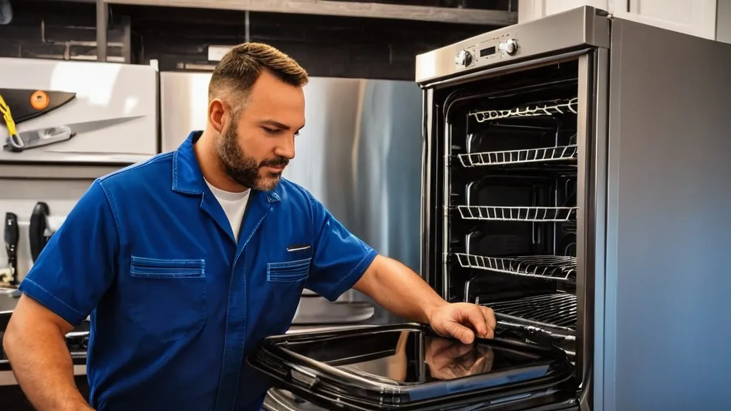 A man in a blue shirt inspects the interior of a modern oven in a stylish kitchen.