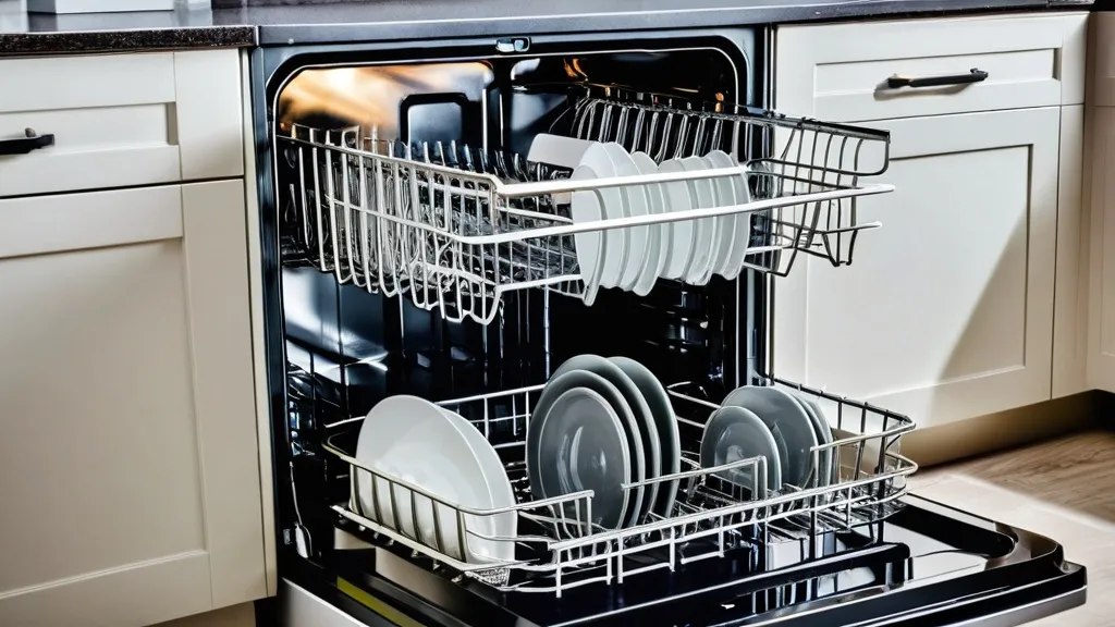 Troubleshooting: Why Your Dishwasher Isn't Cleaning Dishes Dishwasher opened with clean, stacked white and gray plates in the bottom rack and glasses in the top rack.