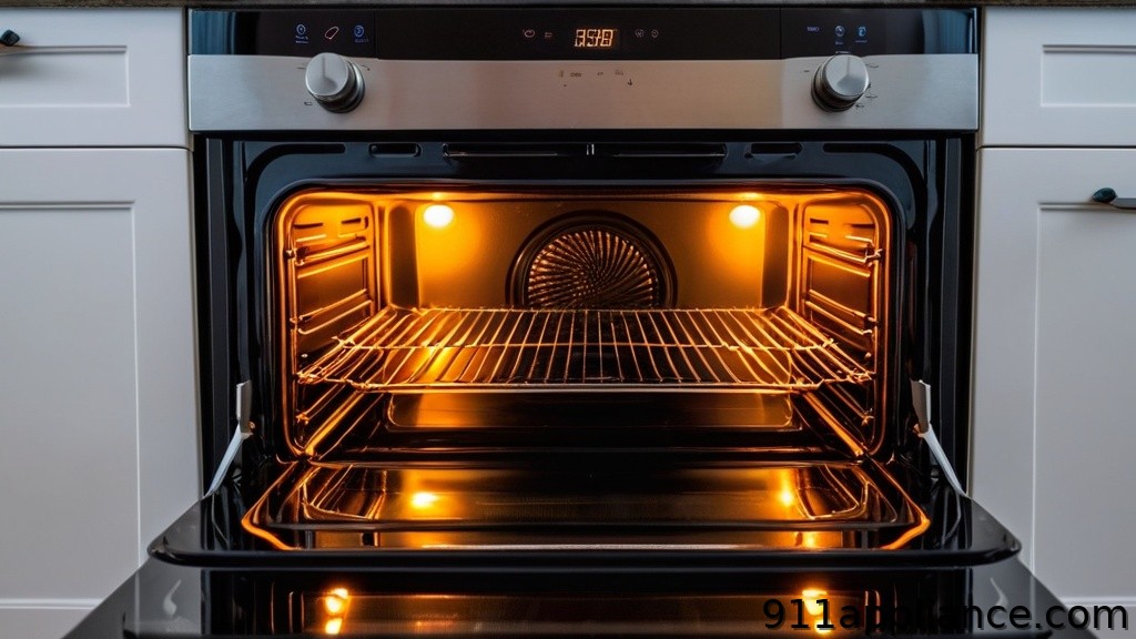 Empty oven interior with a wire rack, illuminated by two lights, showcasing a sleek black and stainless steel design.