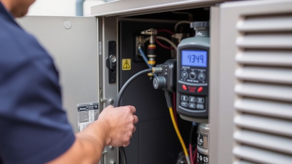Technician checking machine gauge