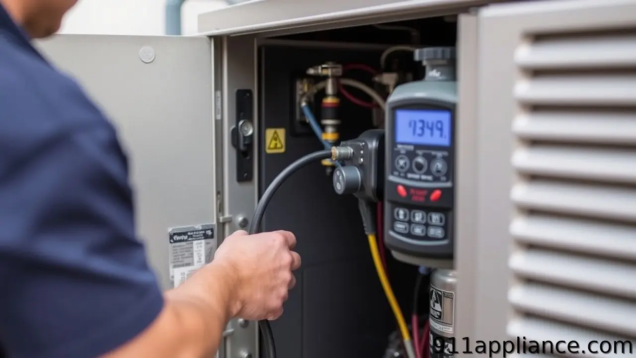 Technician checking machine gauge