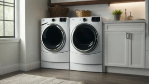Front-loading washer and dryer in a modern laundry room beside a window, with wooden cabinets and a decorative plant.