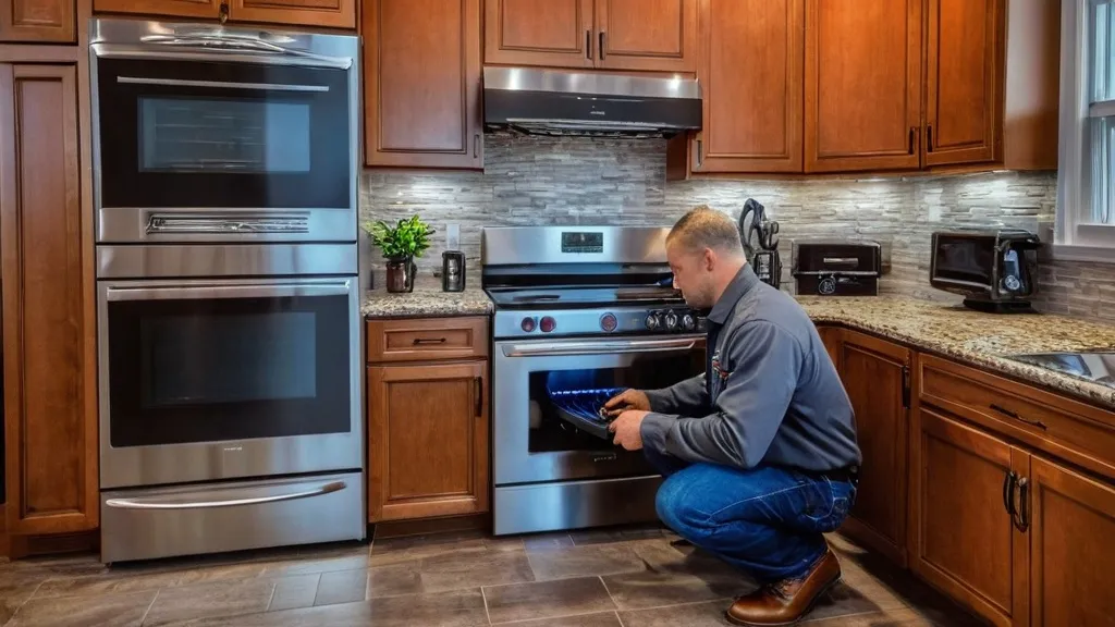 Man in a gray shirt kneels by a stainless steel oven, preparing to remove a blue tray in a modern kitchen with wooden cabinets.