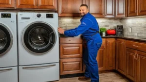 Man in blue coveralls smiling while leaning against a countertop next to modern washing machines in a stylish kitchen.