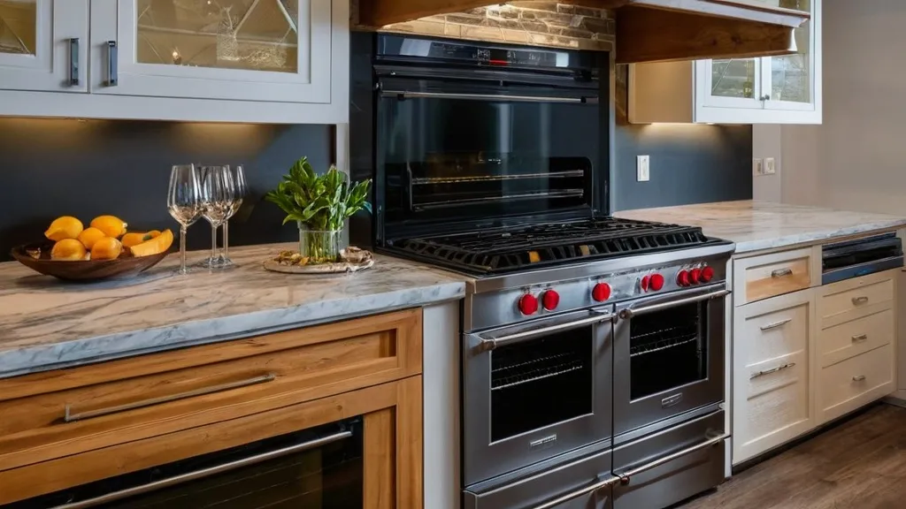 Modern kitchen with stainless steel oven, marble countertop, glassware, fresh lemons, and a potted plant.