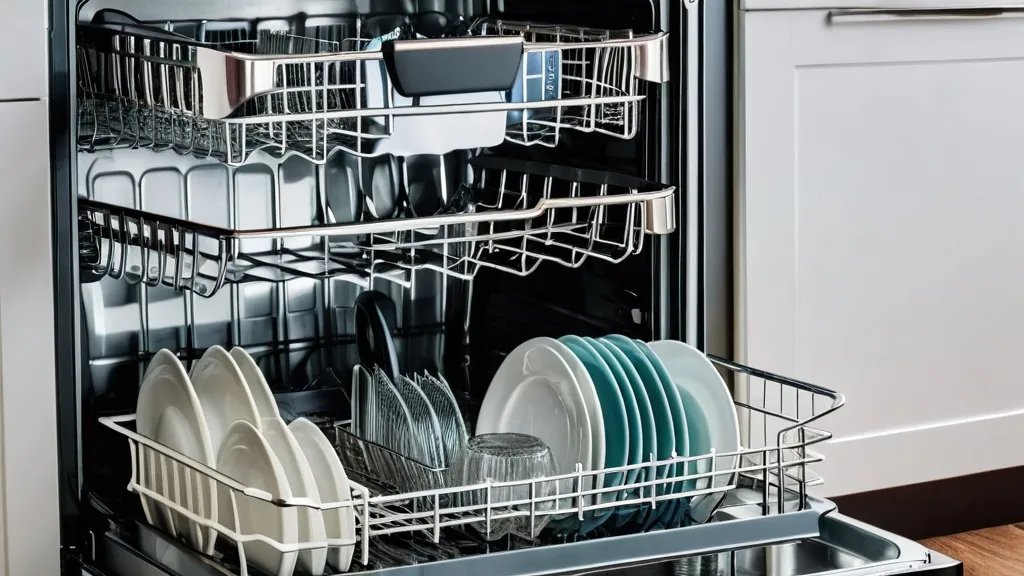 Troubleshooting: Why Your Dishwasher Isn't Cleaning Dishes Open dishwasher filled with clean dishes, including white plates, teal saucers, glasses, and utensils organized in baskets.