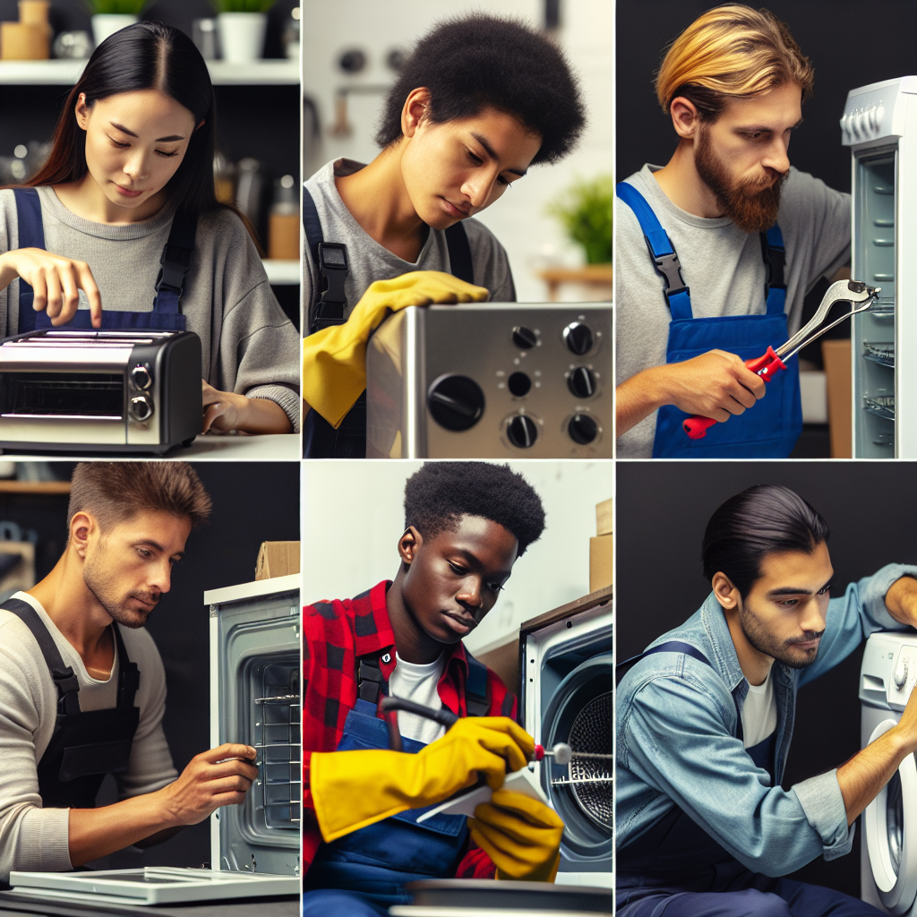 Six individuals work on various appliances; a toaster, a washing machine, and a dryer, engaged in repairs and maintenance.