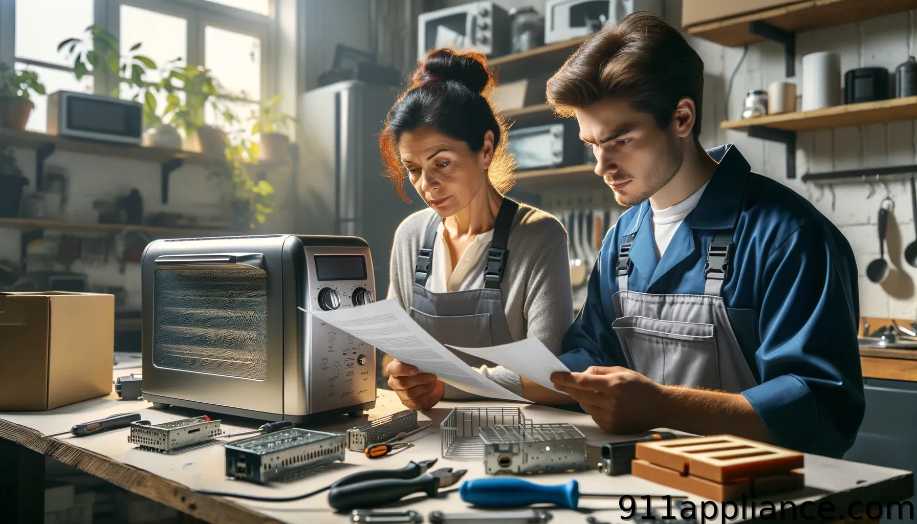 Quick Kitchen Appliance Repair Near Me A woman and a man examine papers in a workshop, surrounded by kitchen appliance parts and tools, with sunlight streaming in.