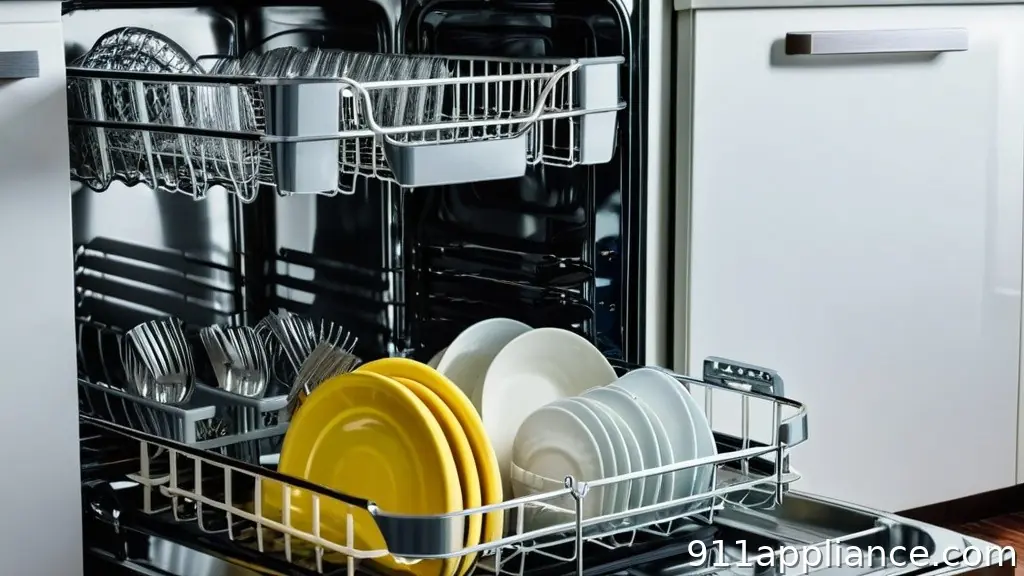 Top rack of a dishwasher holds glasses and cutlery; bottom rack contains white and yellow plates stacked neatly.
