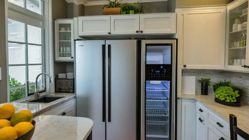 Modern kitchen with a stainless steel refrigerator, granite countertop, and a bowl of lemons on the island.