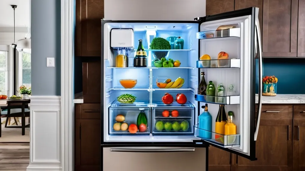 Bright, organized refrigerator filled with fruits, vegetables, drinks, and condiments, showcasing various food items clearly.