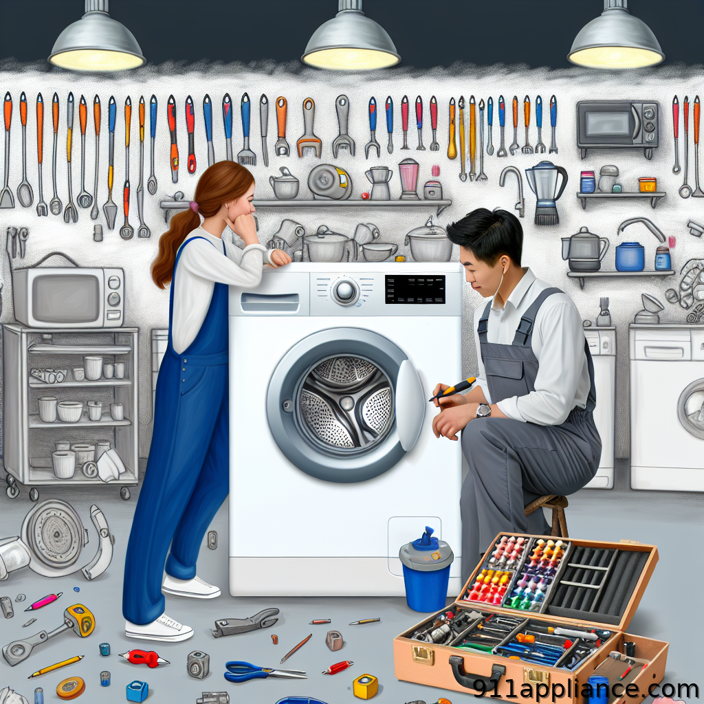A man repairs a washing machine while a woman observes, surrounded by tools and equipment in a cluttered workshop.