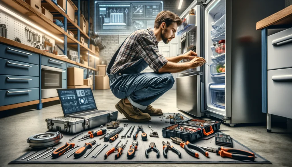 A man kneels beside an open refrigerator, surrounded by various tools and a laptop, focused on repairs.