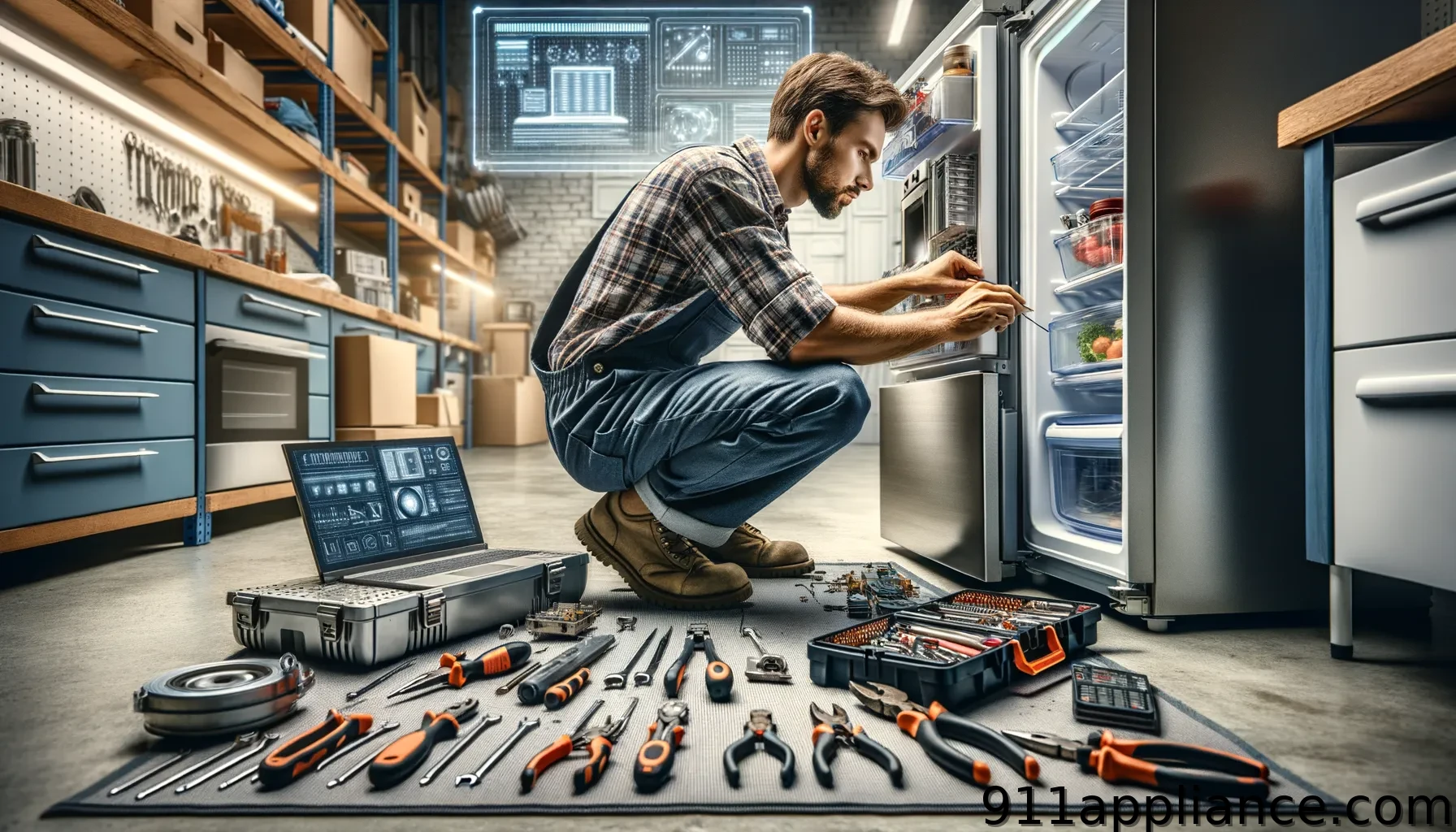 A man kneels beside an open refrigerator, surrounded by various tools and a laptop, focused on repairs.