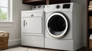 White washer and dryer set next to a woven basket, with a window allowing natural light into a cozy laundry room.