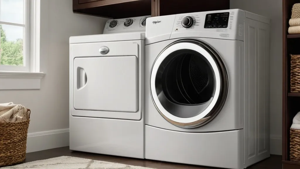 White washer and dryer set next to a woven basket, with a window allowing natural light into a cozy laundry room.