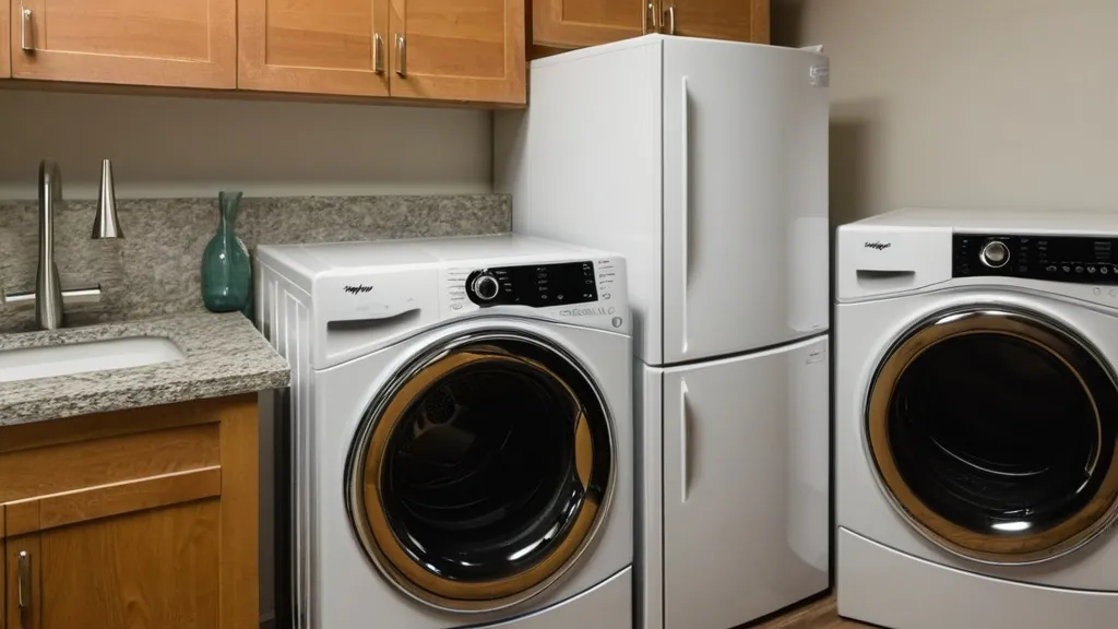 White washer and dryer next to a white refrigerator in a laundry room with wooden cabinets and a granite countertop.