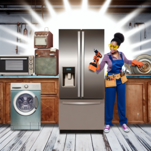 A woman in work gear holds a drill beside a modern refrigerator, with a washer and vintage appliances in a workshop setting.