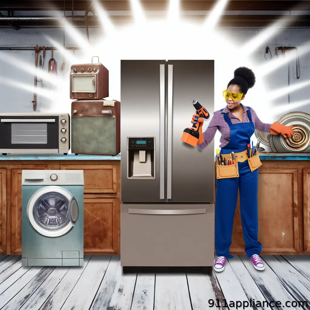 A woman in work gear holds a drill beside a modern refrigerator, with a washer and vintage appliances in a workshop setting.