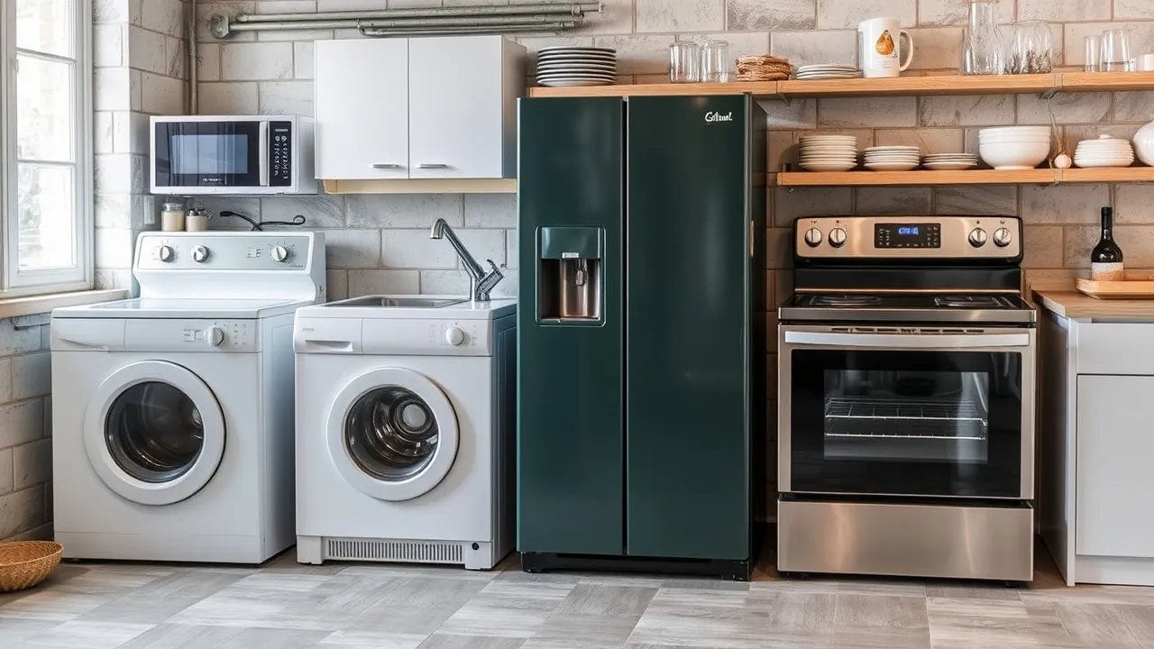 Kitchen appliances with dark green fridge