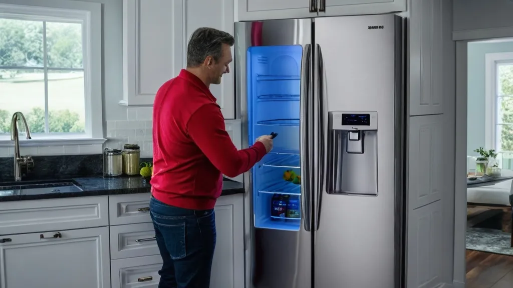 Man using refrigerator with blue light