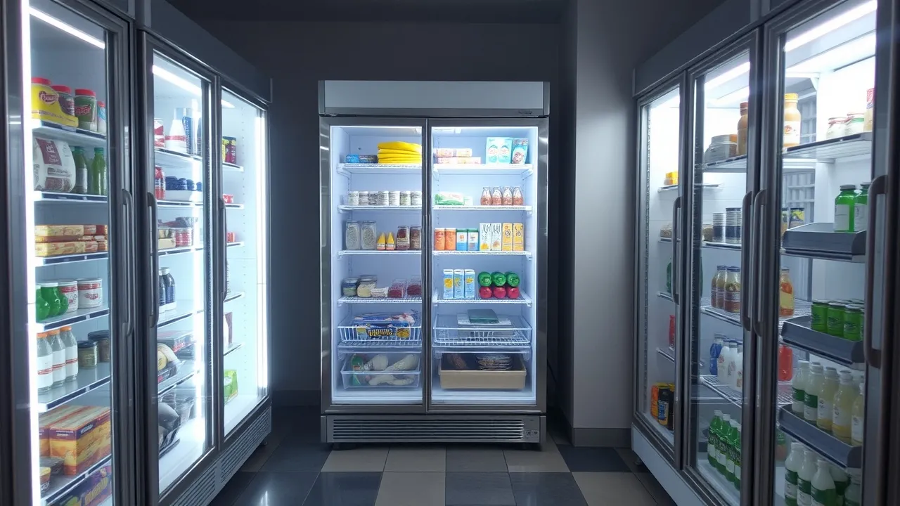 Refrigerated display cases full of products.